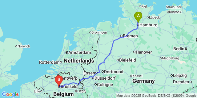 Map: Brussels Midi Train Station to Ham