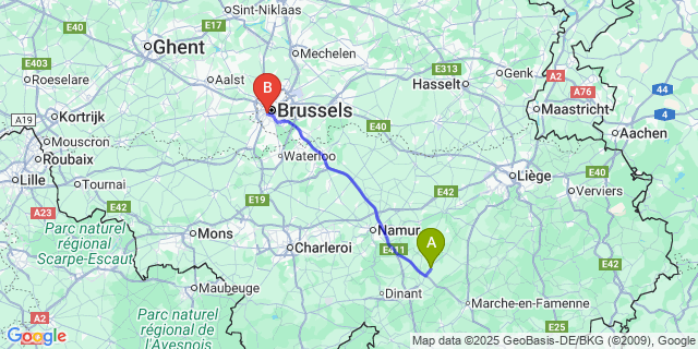 Map: Brussels Midi Train Station to Hamois