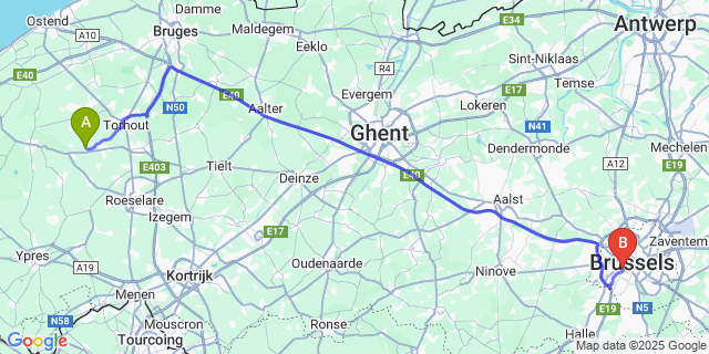 Map: Brussels Midi Train Station to Handzame