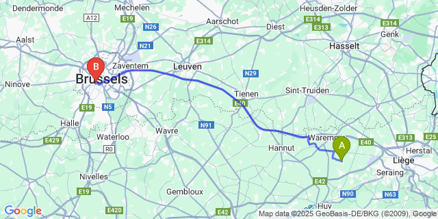 Map: Brussels Midi Train Station to Haneffe