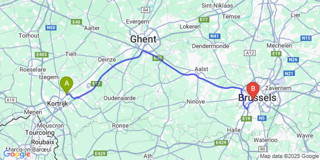 Map: Brussels Midi Train Station to Harelbeke