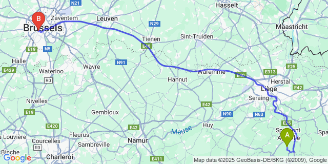 Map: Brussels Midi Train Station to Harzé