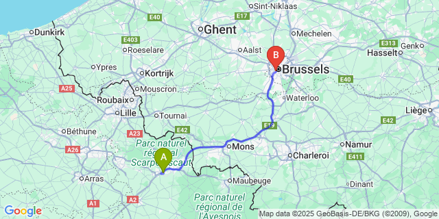 Map: Brussels Midi Train Station to Haulchin