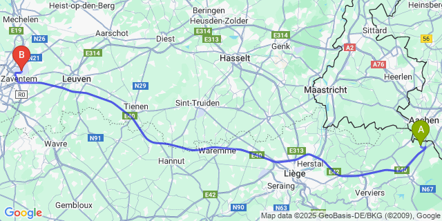 Map: Brussels Zaventem Airport (BRU) to Hauset