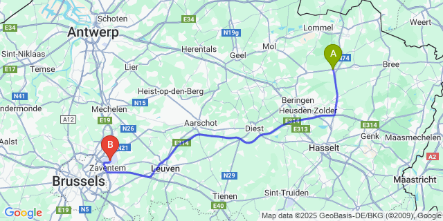 Map: Brussels Zaventem Airport (BRU) to Hechtel