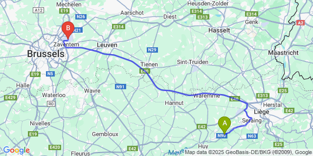 Map: Brussels Zaventem Airport (BRU) to Hermalle-Sous-Huy