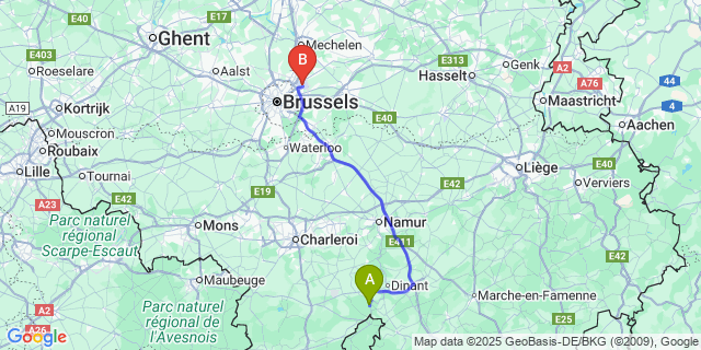 Map: Brussels Zaventem Airport (BRU) to Hermeton-Sur-Meuse