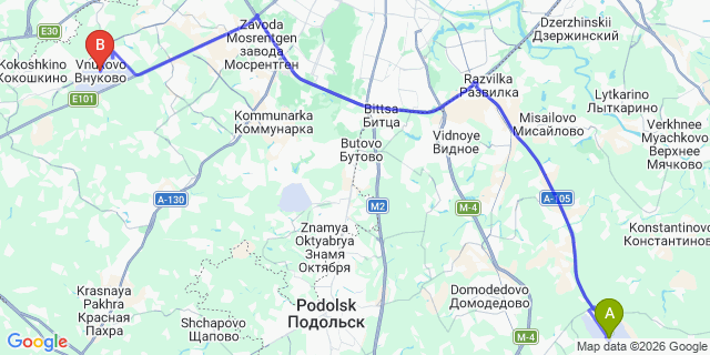 Map: Moscow Domodedovo Airport (DME) to Vnukovo Airport