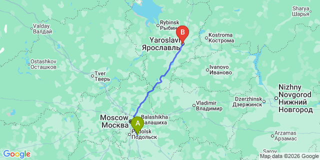 Map: Moscow Domodedovo Airport (DME) to Yaroslavl
