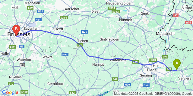 Map: Brussels Midi Train Station to Herve