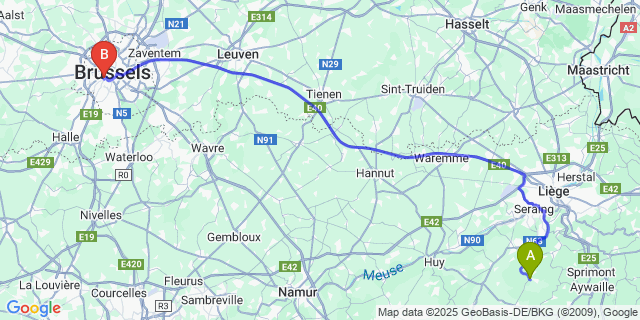 Map: Brussels Midi Train Station to Hody