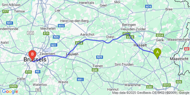 Map: Brussels Midi Train Station to Hoeselt