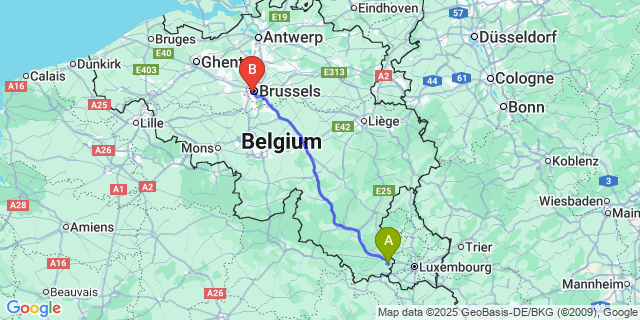 Map: Brussels Midi Train Station to Hondelange