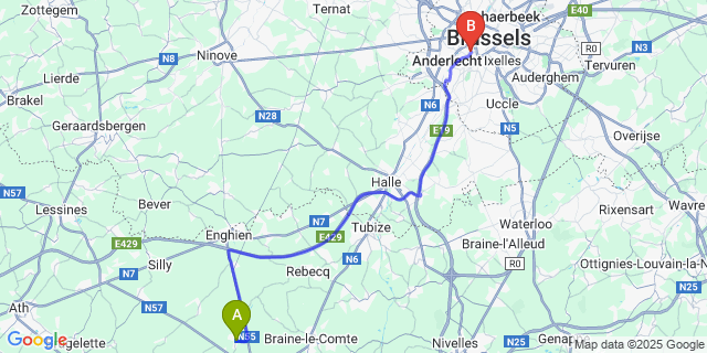 Map: Brussels Midi Train Station to Horrues