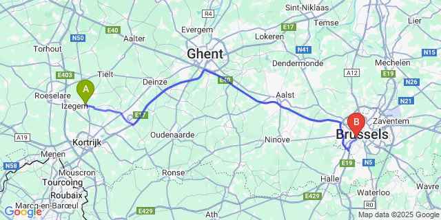 Map: Brussels Midi Train Station to Ingelmunster