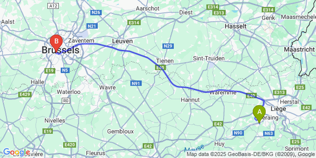 Map: Brussels Midi Train Station to Ivoz-Ramet
