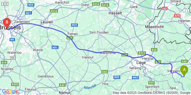 Map: Brussels Midi Train Station to Jalhay