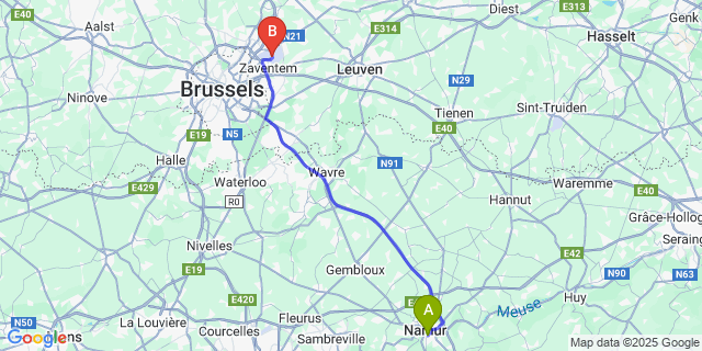 Map: Brussels Zaventem Airport (BRU) to Jambes