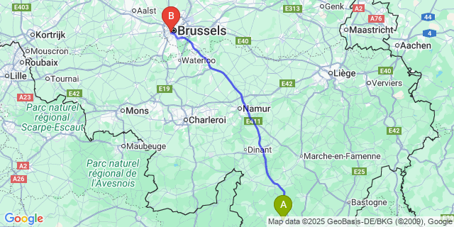 Map: Brussels Midi Train Station to Jéhonville