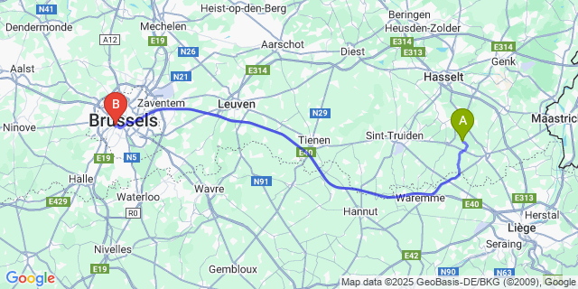 Map: Brussels Midi Train Station to Jesseren