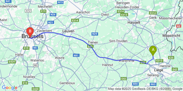 Map: Brussels Midi Train Station to Juprelle