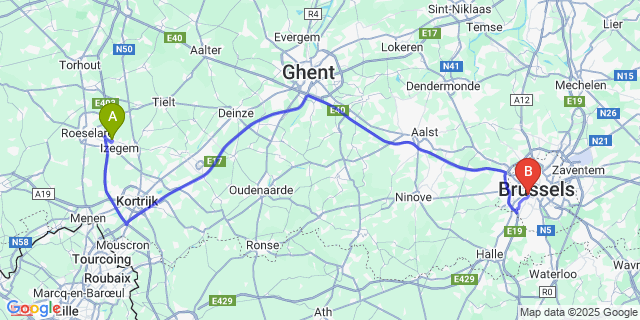 Map: Brussels Midi Train Station to Kachtem