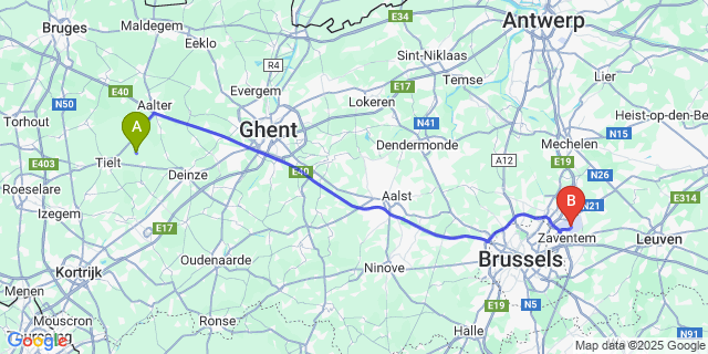 Map: Brussels Zaventem Airport (BRU) to Kanegem