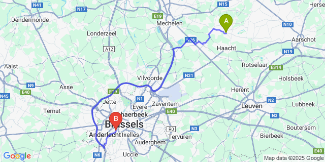Map: Brussels Midi Train Station to Keerbergen
