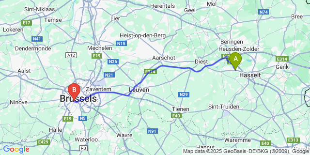 Map: Brussels Midi Train Station to Kermt