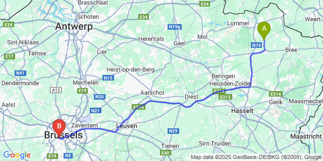 Map: Brussels Midi Train Station to Kleine-Brogel