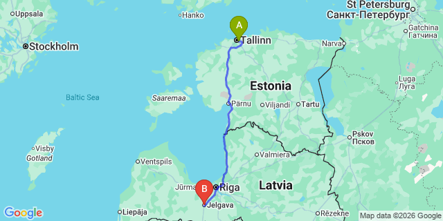 Map: Tallinn Airport (TLL) to Jelgava