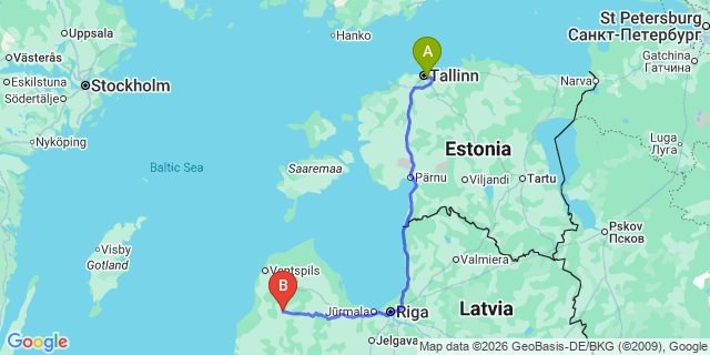 Map: Tallinn Airport (TLL) to Kuldīga