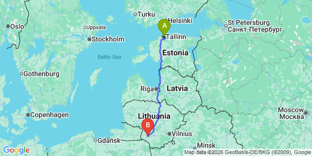 Map: Tallinn Airport (TLL) to Marijampolė