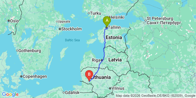 Map: Tallinn Airport (TLL) to Tauragė