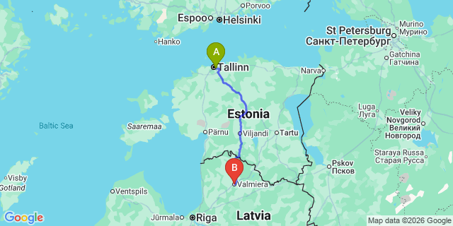 Map: Tallinn Airport (TLL) to Valmiera