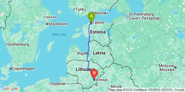 Map: Tallinn Airport (TLL) to Vilnius city (all areas)