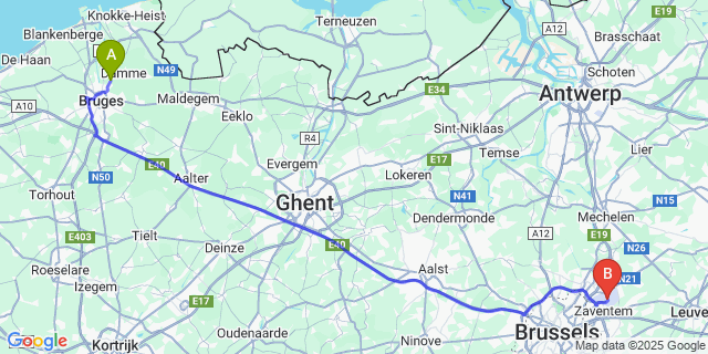 Map: Brussels Zaventem Airport (BRU) to Koolkerke