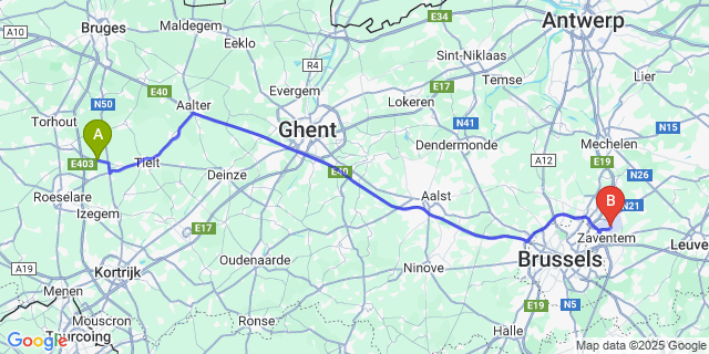 Map: Brussels Zaventem Airport (BRU) to Koolskamp