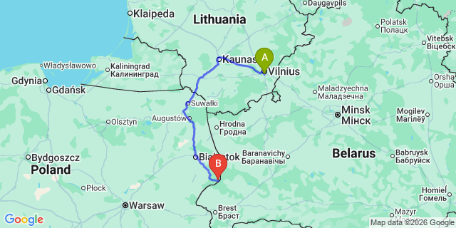 Map: Vilnius Airport (VNO) to Białowieża