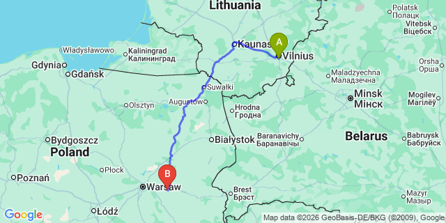 Map: Vilnius Airport (VNO) to Gizycko