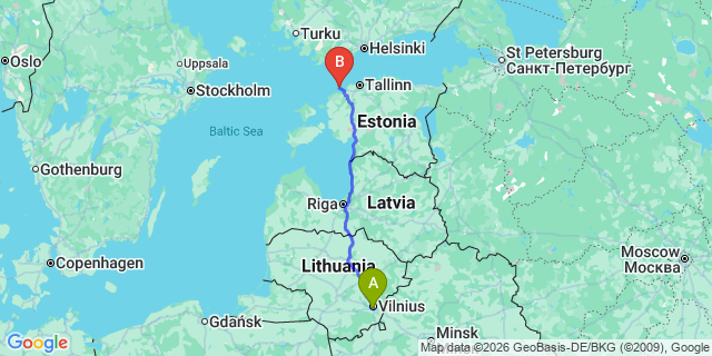 Map: Vilnius Airport (VNO) to Olaine