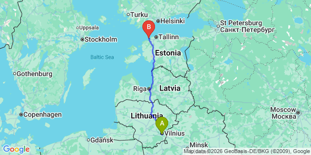 Map: Vilnius Airport (VNO) to Riga city (all areas)