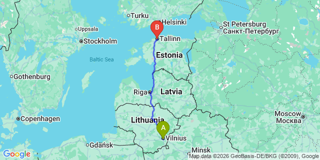 Map: Vilnius Airport (VNO) to Tallinn city (all areas)