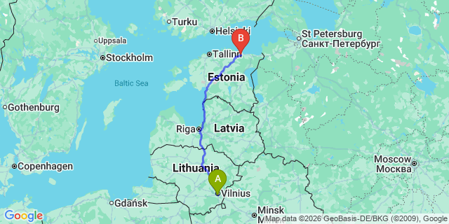 Map: Vilnius Airport (VNO) to Tartu
