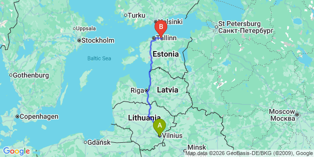 Map: Vilnius Airport (VNO) to Valmiera