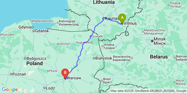 Map: Vilnius Airport (VNO) to Warsaw city (all areas)