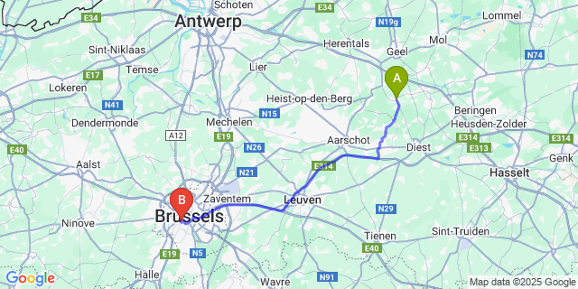 Map: Brussels Midi Train Station to Laakdal