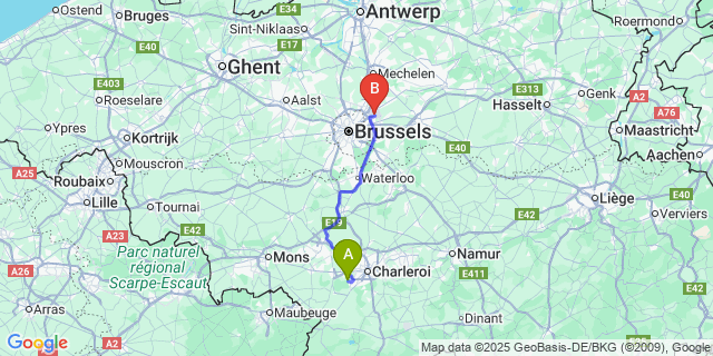 Map: Brussels Zaventem Airport (BRU) to Landelies