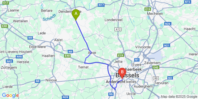 Map: Brussels Midi Train Station to Lebbeke