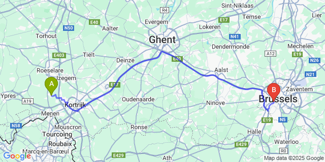 Map: Brussels Midi Train Station to Ledegem